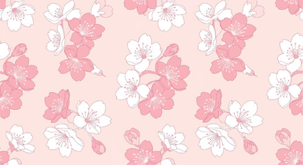 A beautiful and romantic seamless pattern of Japanese cherry blossoms, featuring delicate pink and white sakura flowers on a pastel background