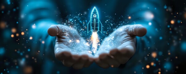 Glowing rocket launching from open palms against starry dark background with magical blue light effects and bokeh, symbolizing business growth and innovation.