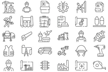 Civil engineering icon vector set. Icons for engineer, construction, drawing, mechanical engineering, contractor, machinery, structure, project, crane, building and more. Vector illustration.