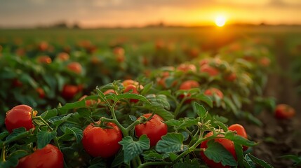 Fresh ripe tomatoes growing on plants in field at golden sunset, organic farming with natural sunlight illuminating juicy red vegetables and green leaves.