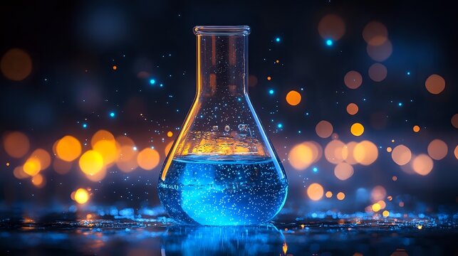 Glowing blue liquid in laboratory flask against dark background with magical bokeh lights and sparkles creates mystical scientific atmosphere.
