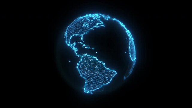 Digital blue glow dotted planet earth loop animation isolated on a black background. Rotating stylized world globe with square particles. Big data technology,  communication, or digital concept