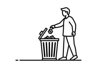 Person disposing of crumpled paper in a trash can icon. Vector