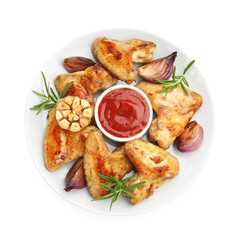 Delicious grilled chicken wings with sauce and spices isolated on white, top view