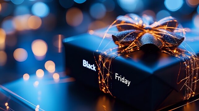 Elegant Black Friday gift box with golden bow and string lights against blurred blue bokeh background for holiday shopping season.