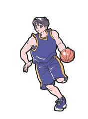 ドリブルをする紺色のウェアを着た男子バスケットボールプレイヤーのイラスト
