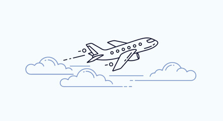 A simple line icon of an airplane flying through clouds with a dotted trail, depicted in a minimalist style against a white background.