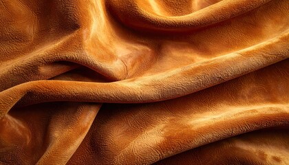 Close up textured abstract golden fabric with soft folds and shimmering glitter particles studio lighting highlights luxurious draped material