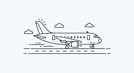 Fototapeta premium A minimalist line icon of an airplane taking off with sun rays and clouds in a simple, monochromatic style against a clean white background.