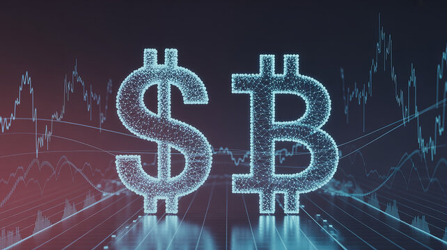Dynamic digital dollar and bitcoin symbols glow against financial market charts, symbolizing cryptocurrency and global finance evolution.