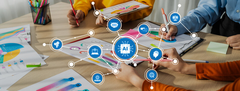 A vibrant workspace featuring diverse hands engaged in creative AI-driven projects on a bright wooden table with colorful materials, reflecting collaboration and innovation. Amity