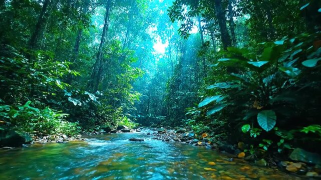 熱帯雨林の活気に満ちた背景：ターコイズと流れる水、爽快なループ映像