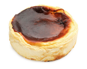 Tasty Basque cheesecake isolated on white. Spanish cuisine
