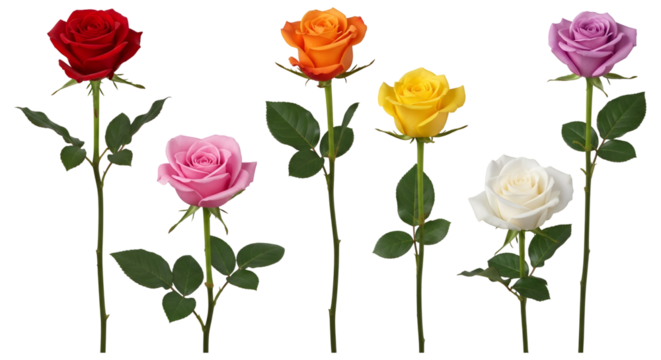 Assorted Rose Collection Standing Tall Isolated on Transparent Background Beautiful Variety of Colors in a Floral Arrangement Perfect for Wedding Invitations or Love Themes
