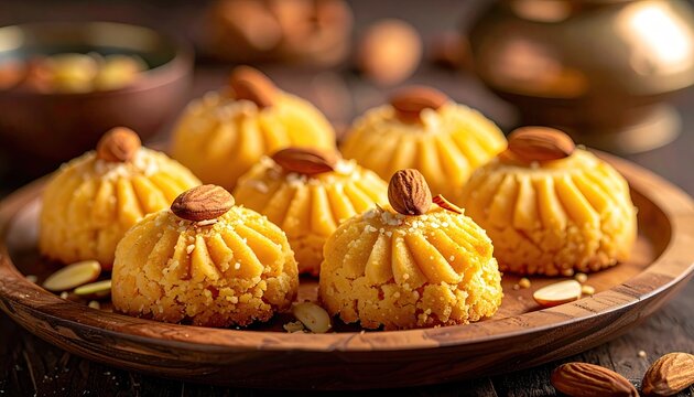 Golden Ghee Rich Semolina Sweet Mohan Bhog Prepared with Dry Fruits and Almonds Garnishes Served on a Wooden Plate