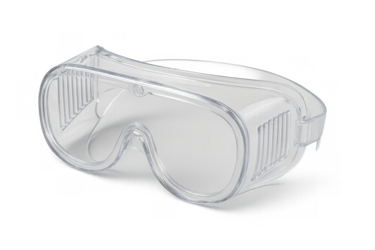 Clear plastic safety goggles providing eye protection for industrial, laboratory, and medical environments, isolated on transparent background - Powered by Adobe