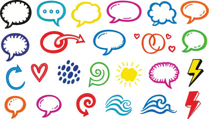 Colorful vector doodle collection communication symbols sketch arrows hearts sun waves lightning.