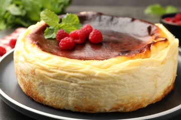 Tasty Basque cheesecake with raspberries and mint on grey table, closeup