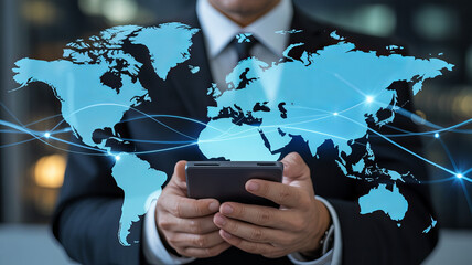 Global businessman connecting worldwide with mobile technology, envisioning international business expansion and digital network innovation for future success