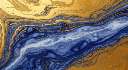 Abstract gold and blue marble with flowing organic patterns