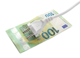 Electrical wire with plug and euro banknote isolated on white