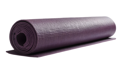 Rolled up purple yoga mat isolated on transparent background for exercise and fitness activities at home