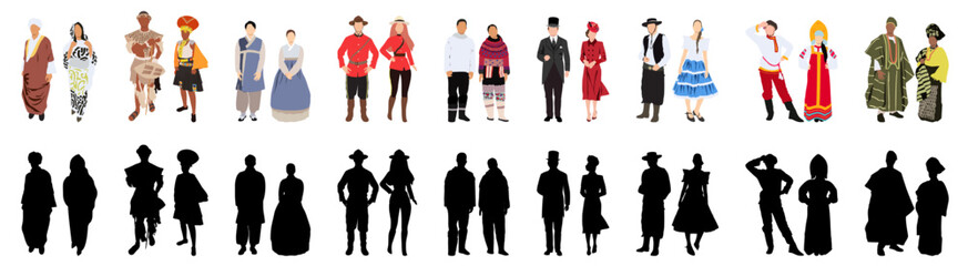 Vector flat style illustration of diverse people wearing traditional costumes, representing various cultures and heritage with silhouette.