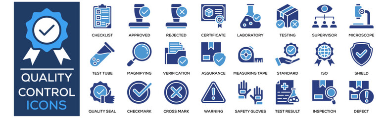 Quality Control icon collection set. Containing design Quality Badge, Inspection Checklist, Approved Stamp, Rejected Stamp, Quality Certificate