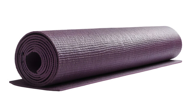 Rolled up purple yoga mat isolated on transparent background for exercise and fitness activities at home