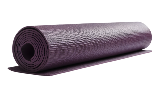 Rolled up purple yoga mat isolated on transparent background for exercise and fitness activities at home