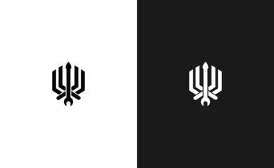 Abstract mechanical emblem design with a wrench illustration on contrasting backgrounds