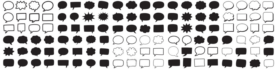 set of Collection Of Hand Drawn Speech Bubbles And Text Boxes Vector. Vector Black silhouettes. with white background