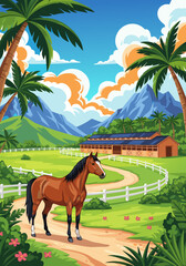 Beautiful brown horse standing in a sunny field with a stable and palm trees in the background, illustrating a serene rural landscape © Purnomo