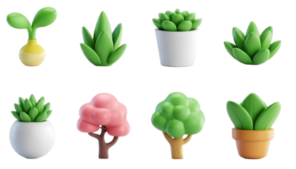 Plant shoot, potted houseplant, tree, grass, 3d vector cartoon icon set