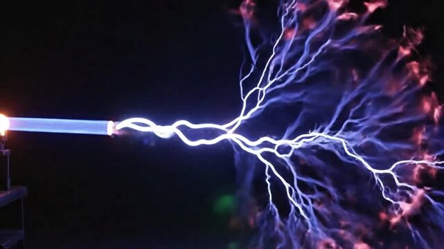 Dynamic electric arc display showcasing raw energy and scientific experimentation under dark backdrop showcasing experimental science concept