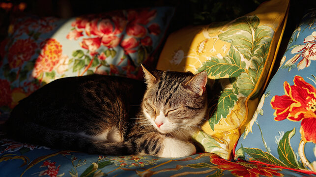 Tabby cat napping peacefully, curled on a floral pillow in warm sunlight. A serene, cozy moment of domestic tranquility. Soaking up sunbeams.
