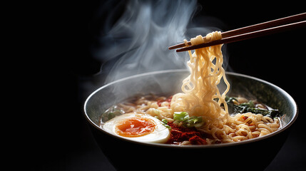 A steaming bowl of delicious noodle soup being lifted with chopsticks against a dark background. Perfect for a cozy night in, Asian comfort food.