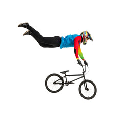 Fototapeta premium A bmx rider performing a trick in the air isolated on transparent background, showcasing skill and athleticism