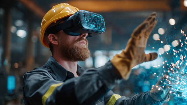 Modern industry worker with a beard, wearing a safety helmet and VR headset, manipulating digital sparks in a factory. Future of production.