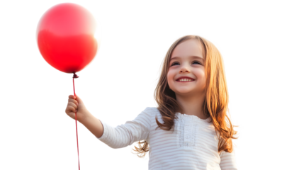 Happy little girl is holding a red balloon isolated on transparent background and smiling at the camera