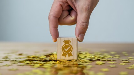 Hand holding a small glass with a golden checkmark symbol and confetti