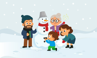 Naklejka premium Happy family building a snowman together during winter holidays. Cozy festive atmosphere, Christmas and New Year spirit.