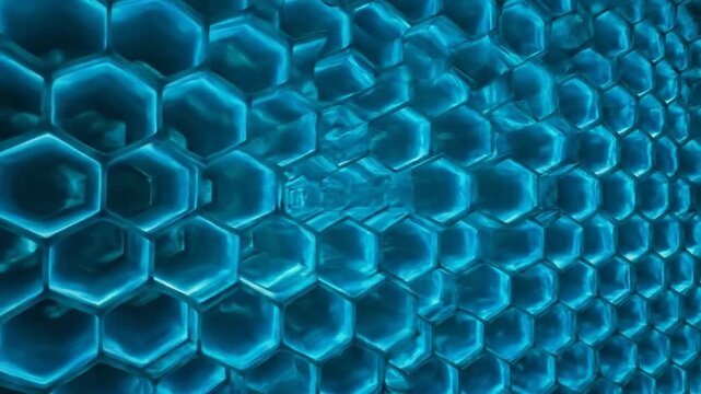 ターコイズ色のハニカムネットワーク：躍動感と視差効果が織りなす興奮の光景
