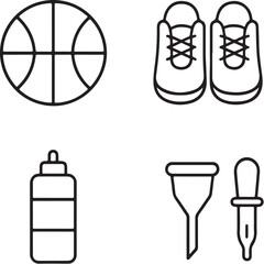 Sports Items Basketball, Sneakers, Water Bottle, and Whistle Black and White Vector Illustration.eps