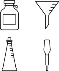 Lab Items  Bottle, Graduated Cylinder, Funnel, and Pipette  Black and White Vector Illustration.eps