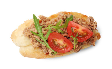 Delicious bruschetta with tuna, tomato and arugula isolated on white, top view