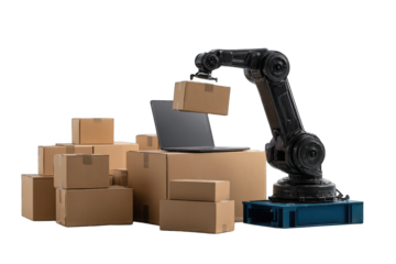 Robotic arm manipulating boxes and laptop