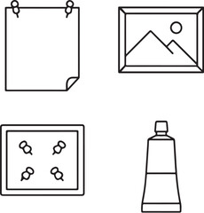 Decor Objects  Pinned Poster, Framed Drawing, Bulletin Board, and Paint Tube Black and White Vector Illustration.eps