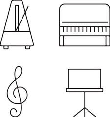 Musical Objects Metronome, Piano, Treble Clef, and Music Stand Black and White Vector Illustration.eps