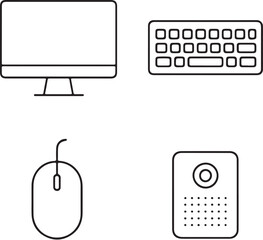 Digital Devices Monitor, Keyboard, Mouse, and Speaker Black and White Vector Illustration.eps